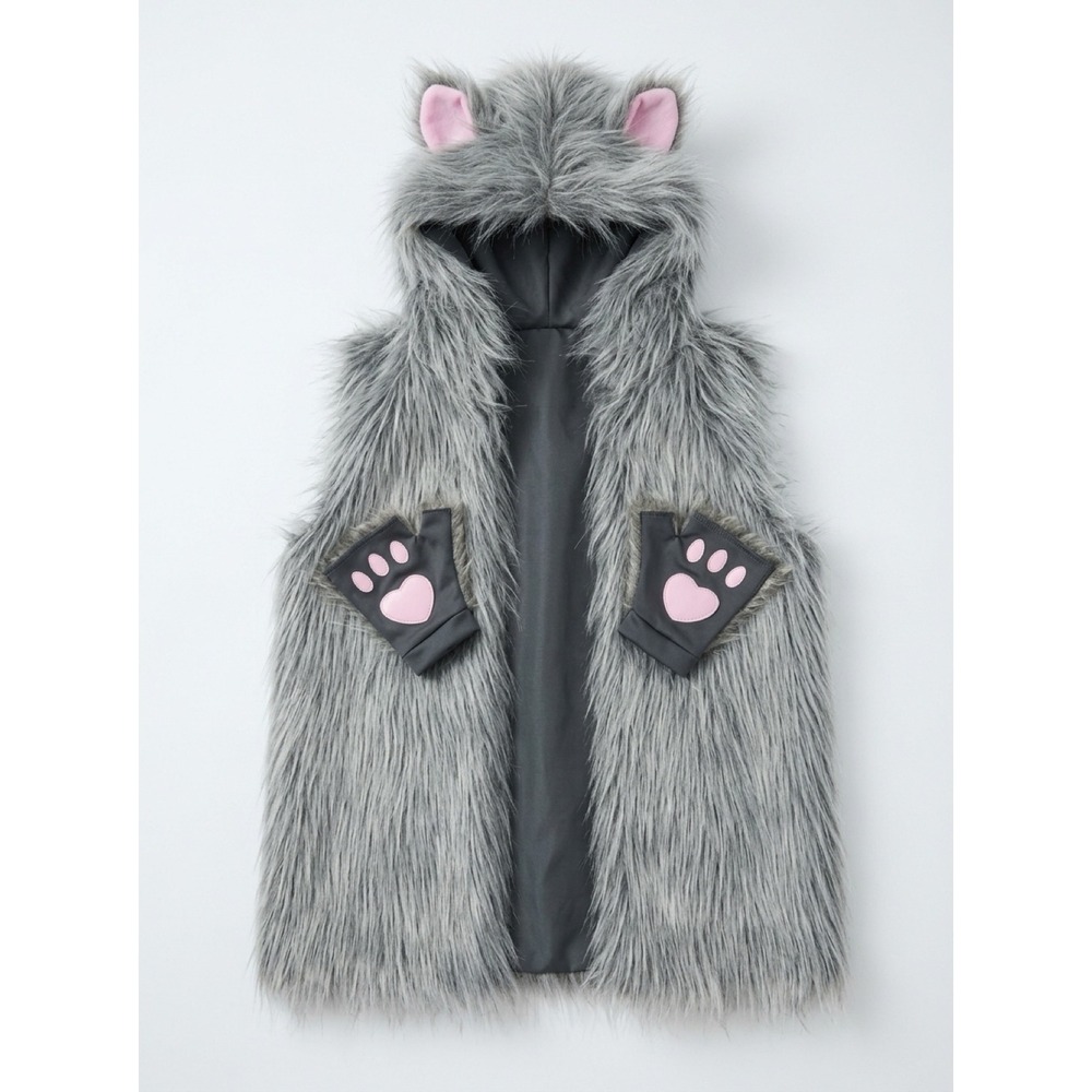 Halloween or Any Time Gray Faux Fur Hooded Vest and Fingerless Paw Gloves Set